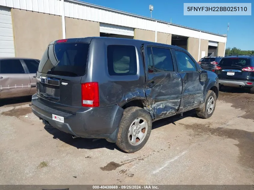 2011 Honda Pilot Lx VIN: 5FNYF3H22BB025110 Lot: 40438669