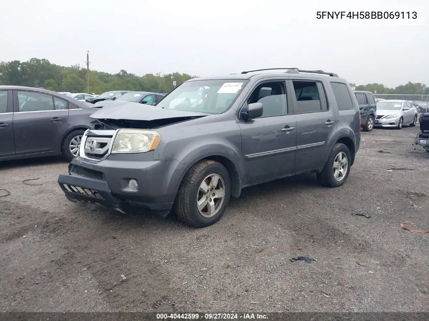 2011 Honda Pilot Ex-L VIN: 5FNYF4H58BB069113 Lot: 40442599