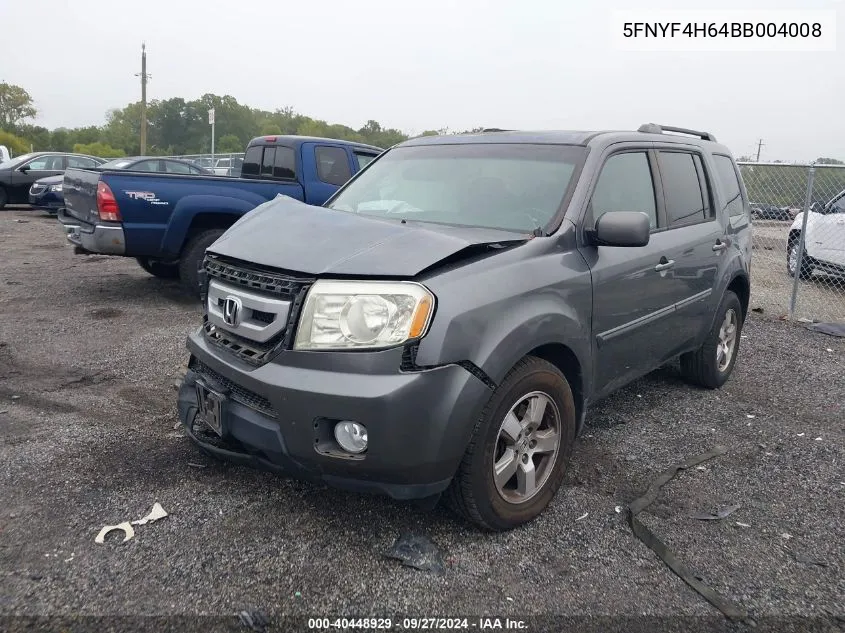 2011 Honda Pilot Ex-L VIN: 5FNYF4H64BB004008 Lot: 40448929