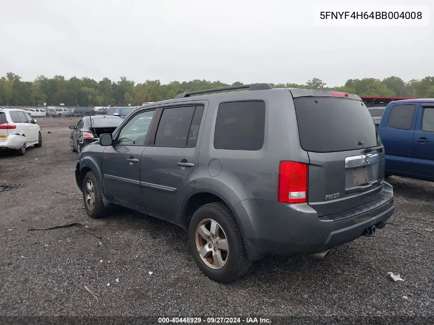 2011 Honda Pilot Ex-L VIN: 5FNYF4H64BB004008 Lot: 40448929