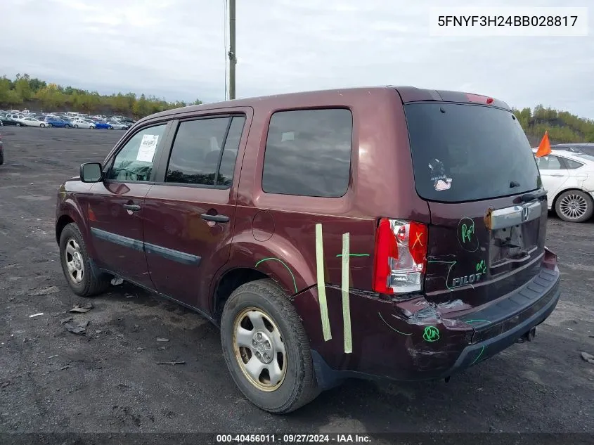 2011 Honda Pilot Lx VIN: 5FNYF3H24BB028817 Lot: 40456011