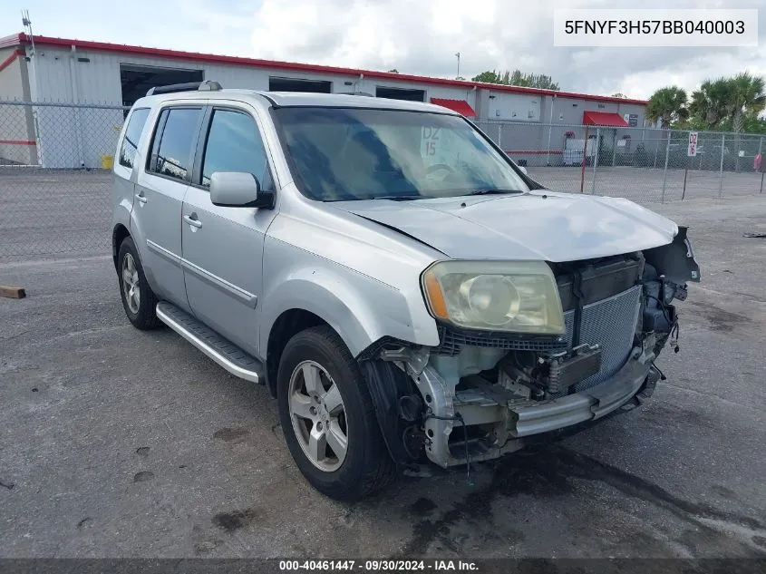 2011 Honda Pilot Ex-L VIN: 5FNYF3H57BB040003 Lot: 40461447