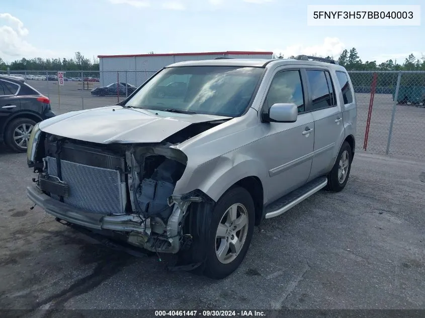 2011 Honda Pilot Ex-L VIN: 5FNYF3H57BB040003 Lot: 40461447