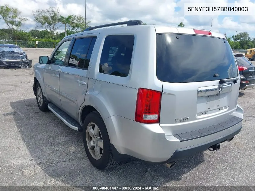 2011 Honda Pilot Ex-L VIN: 5FNYF3H57BB040003 Lot: 40461447