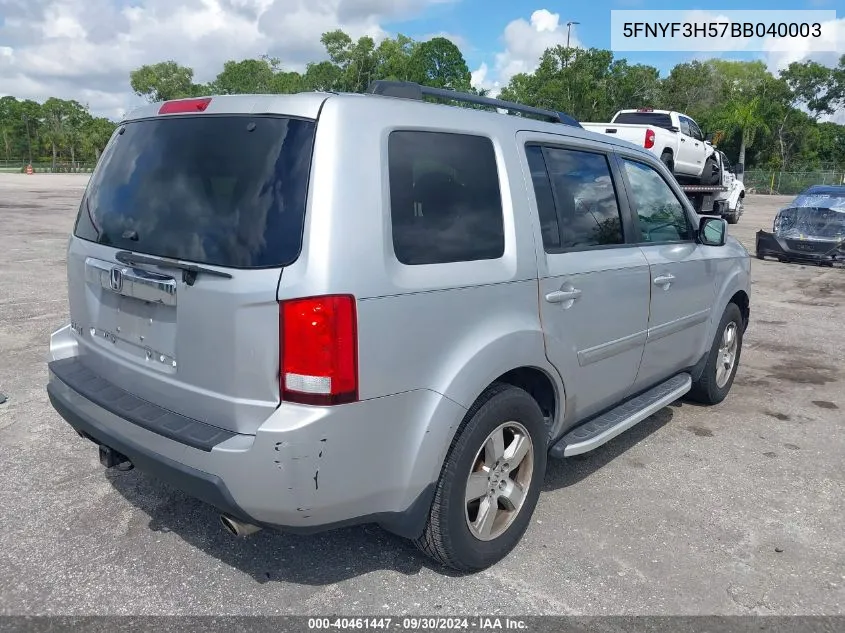 2011 Honda Pilot Ex-L VIN: 5FNYF3H57BB040003 Lot: 40461447