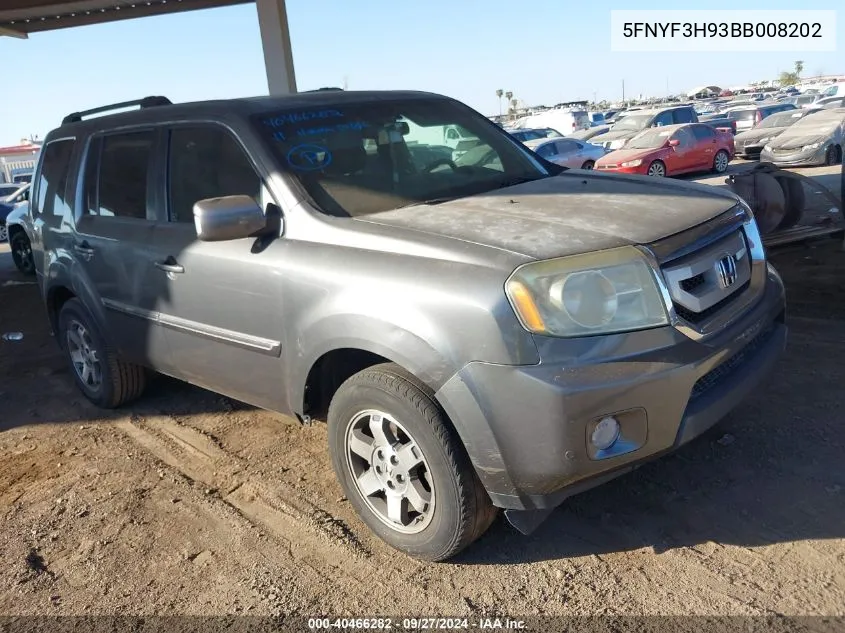 2011 Honda Pilot Touring VIN: 5FNYF3H93BB008202 Lot: 40466282