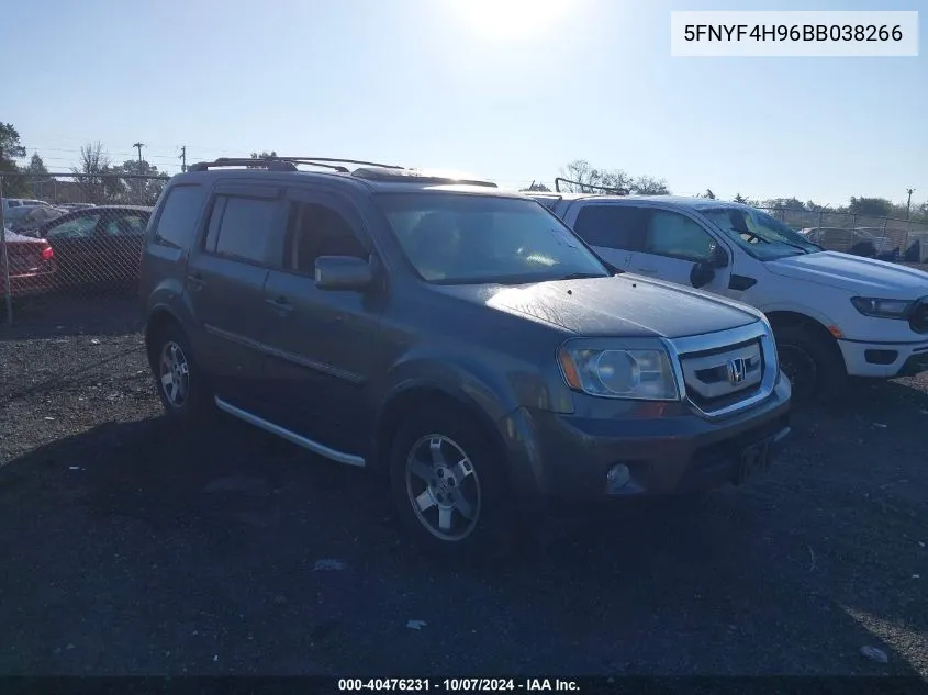 2011 Honda Pilot Touring VIN: 5FNYF4H96BB038266 Lot: 40476231