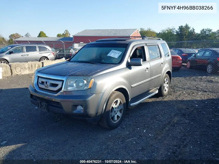 2011 Honda Pilot Touring VIN: 5FNYF4H96BB038266 Lot: 40476231