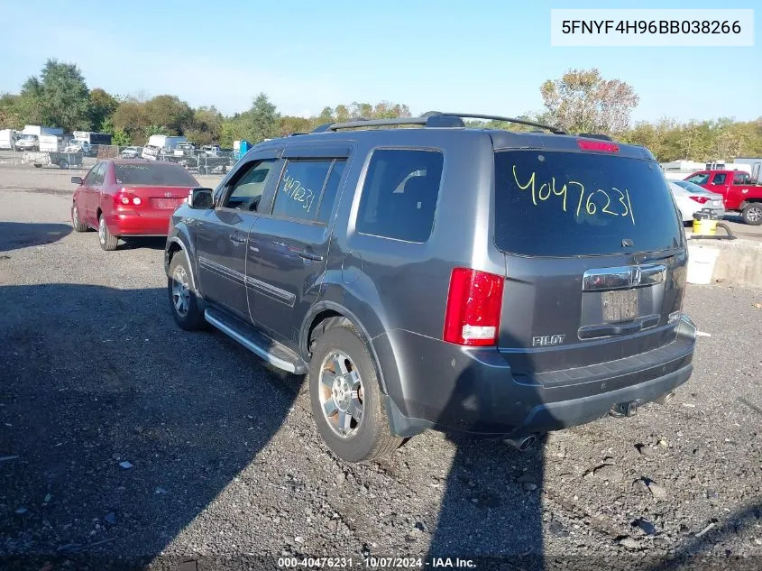 2011 Honda Pilot Touring VIN: 5FNYF4H96BB038266 Lot: 40476231