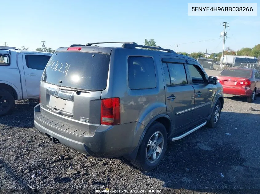 2011 Honda Pilot Touring VIN: 5FNYF4H96BB038266 Lot: 40476231