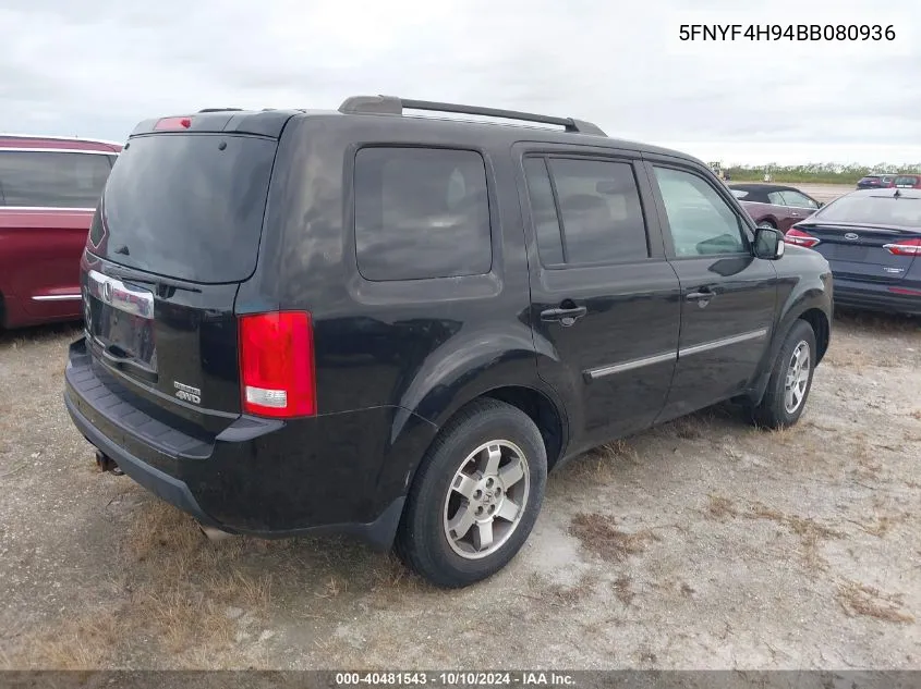 2011 Honda Pilot Touring VIN: 5FNYF4H94BB080936 Lot: 40481543