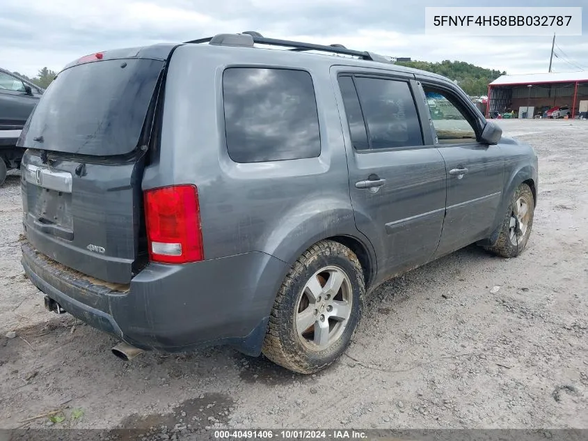 2011 Honda Pilot Ex-L VIN: 5FNYF4H58BB032787 Lot: 40491406