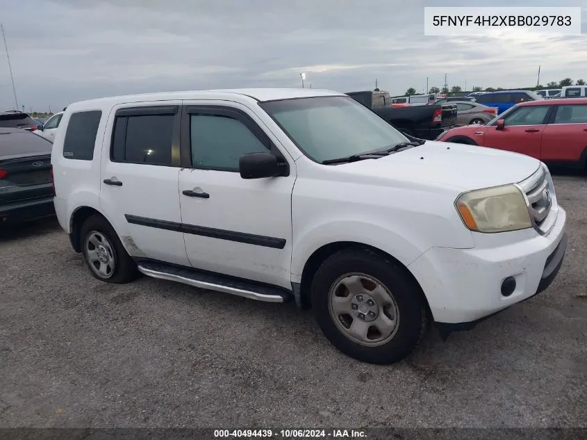 2011 Honda Pilot Lx VIN: 5FNYF4H2XBB029783 Lot: 40494439