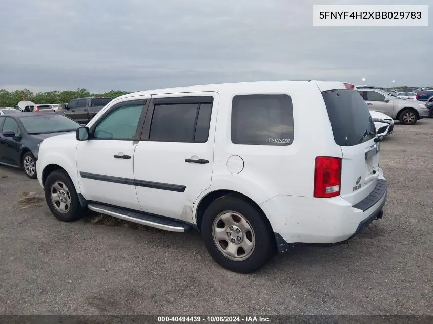 2011 Honda Pilot Lx VIN: 5FNYF4H2XBB029783 Lot: 40494439