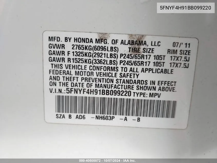 5FNYF4H91BB099220 2011 Honda Pilot Touring