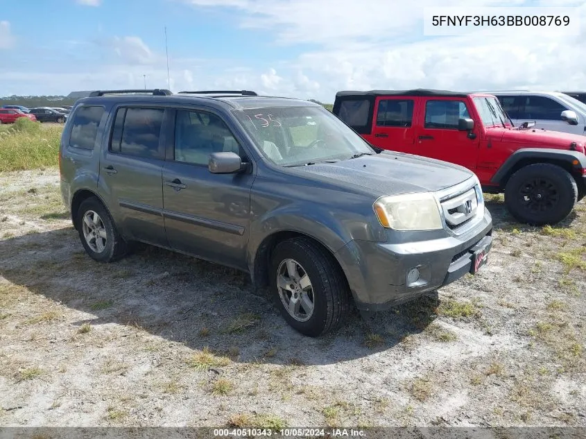 2011 Honda Pilot Ex-L VIN: 5FNYF3H63BB008769 Lot: 40510343