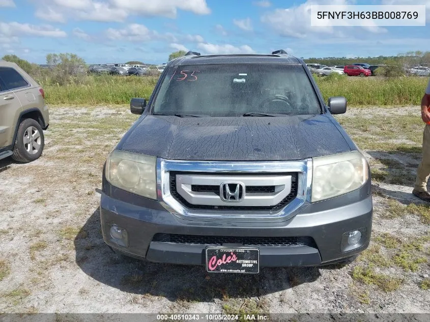 2011 Honda Pilot Ex-L VIN: 5FNYF3H63BB008769 Lot: 40510343