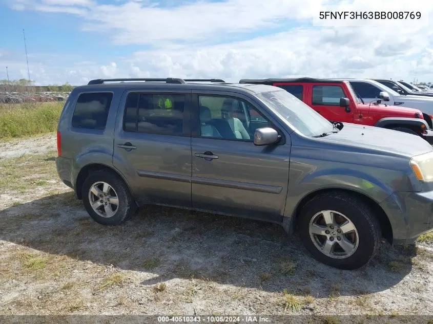 2011 Honda Pilot Ex-L VIN: 5FNYF3H63BB008769 Lot: 40510343