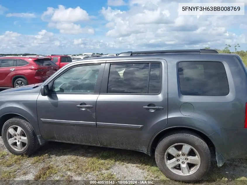 2011 Honda Pilot Ex-L VIN: 5FNYF3H63BB008769 Lot: 40510343