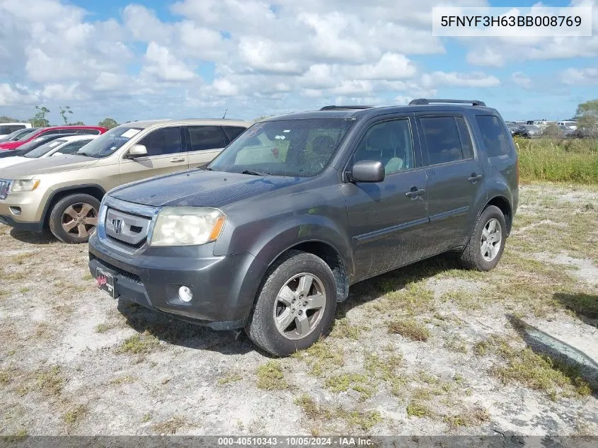 2011 Honda Pilot Ex-L VIN: 5FNYF3H63BB008769 Lot: 40510343