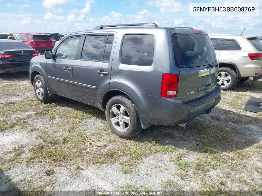 2011 Honda Pilot Ex-L VIN: 5FNYF3H63BB008769 Lot: 40510343