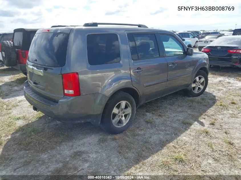 2011 Honda Pilot Ex-L VIN: 5FNYF3H63BB008769 Lot: 40510343