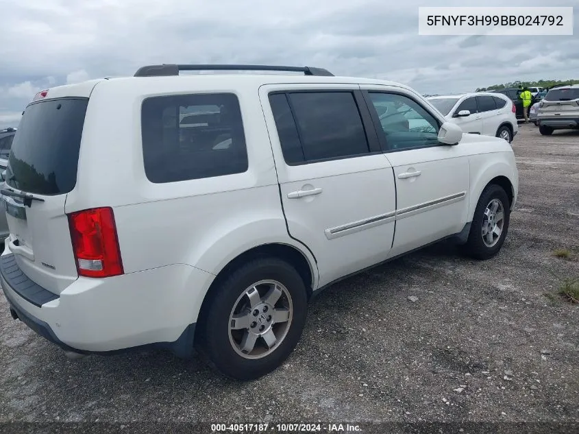 2011 Honda Pilot Touring VIN: 5FNYF3H99BB024792 Lot: 40517187