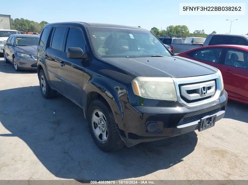 2011 Honda Pilot Lx VIN: 5FNYF3H22BB038262 Lot: 40539670