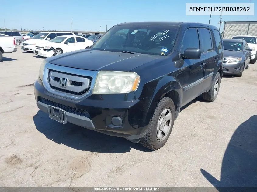 2011 Honda Pilot Lx VIN: 5FNYF3H22BB038262 Lot: 40539670