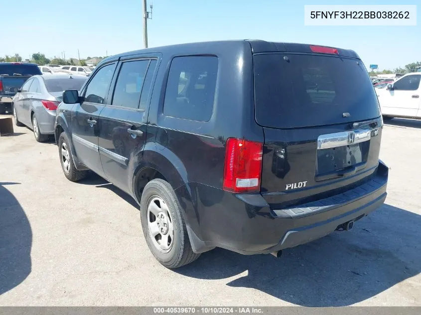 2011 Honda Pilot Lx VIN: 5FNYF3H22BB038262 Lot: 40539670