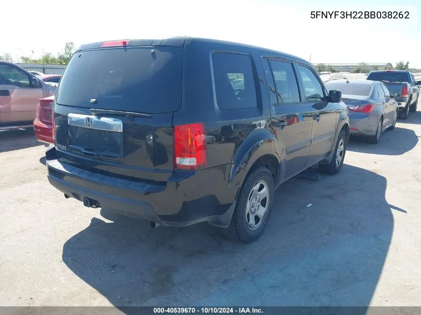 2011 Honda Pilot Lx VIN: 5FNYF3H22BB038262 Lot: 40539670