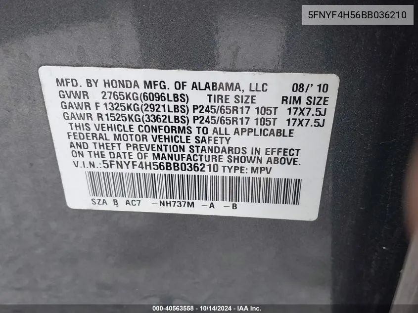 5FNYF4H56BB036210 2011 Honda Pilot Exl