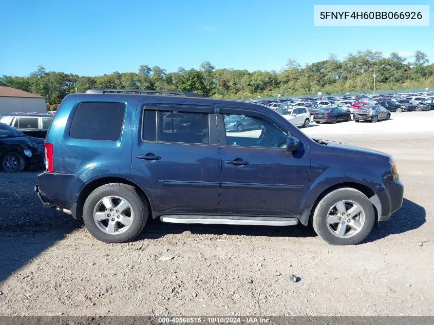 2011 Honda Pilot Ex-L VIN: 5FNYF4H60BB066926 Lot: 40568515