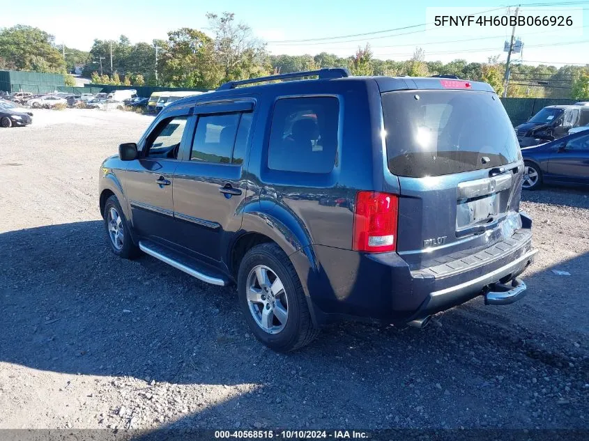 2011 Honda Pilot Ex-L VIN: 5FNYF4H60BB066926 Lot: 40568515