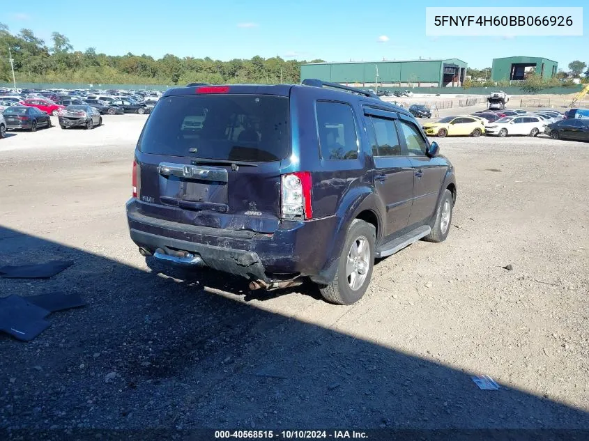 2011 Honda Pilot Ex-L VIN: 5FNYF4H60BB066926 Lot: 40568515