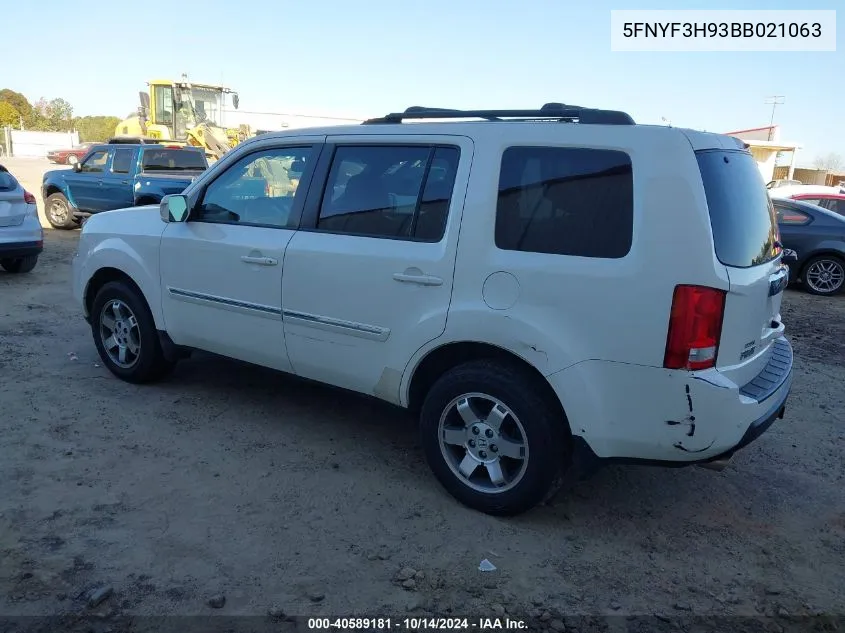 2011 Honda Pilot Touring VIN: 5FNYF3H93BB021063 Lot: 40589181