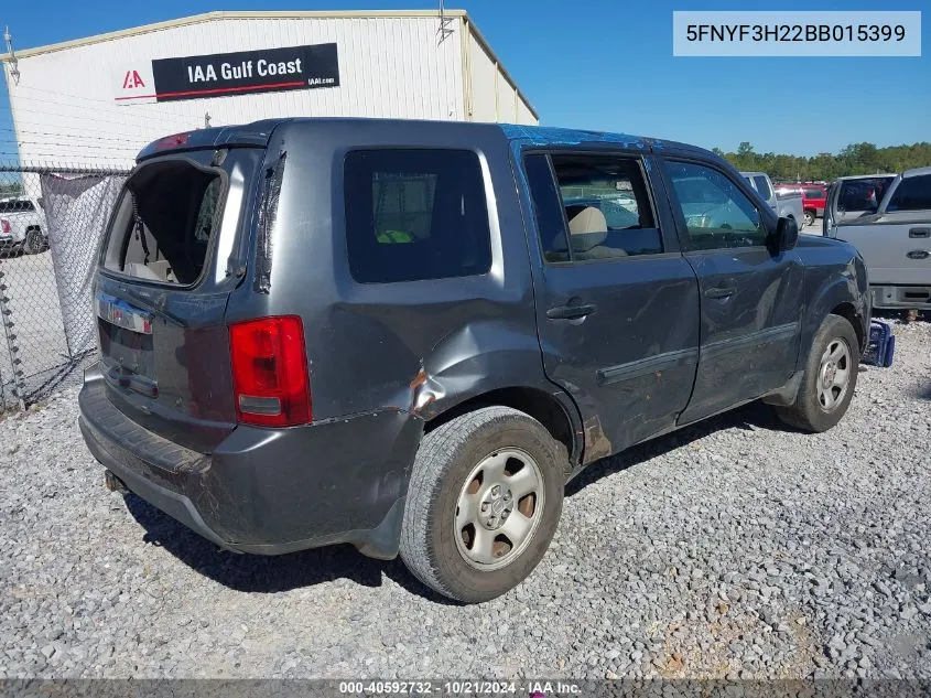 2011 Honda Pilot Lx VIN: 5FNYF3H22BB015399 Lot: 40592732