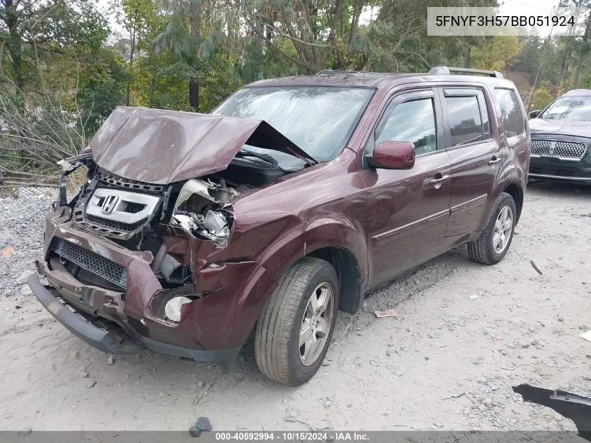 2011 Honda Pilot Ex-L VIN: 5FNYF3H57BB051924 Lot: 40592994