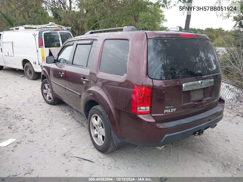 2011 Honda Pilot Ex-L VIN: 5FNYF3H57BB051924 Lot: 40592994