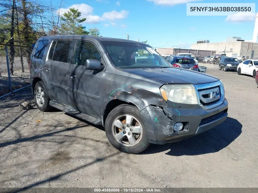 2011 Honda Pilot Ex-L VIN: 5FNYF3H63BB038550 Lot: 40598505