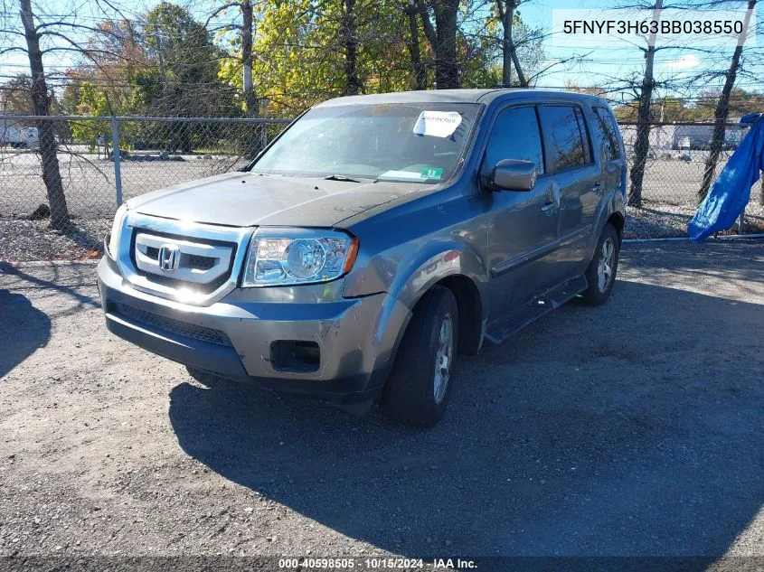 2011 Honda Pilot Ex-L VIN: 5FNYF3H63BB038550 Lot: 40598505