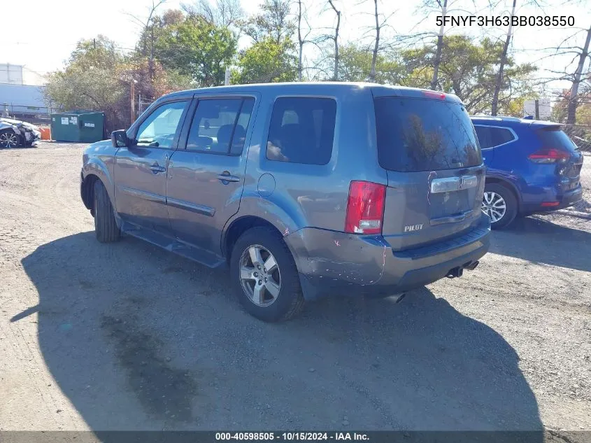 2011 Honda Pilot Ex-L VIN: 5FNYF3H63BB038550 Lot: 40598505