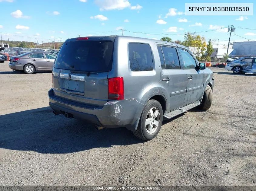 2011 Honda Pilot Ex-L VIN: 5FNYF3H63BB038550 Lot: 40598505