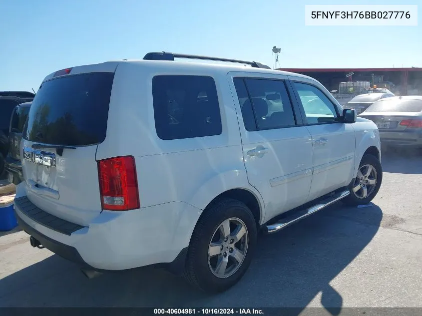 2011 Honda Pilot Ex-L VIN: 5FNYF3H76BB027776 Lot: 40604981