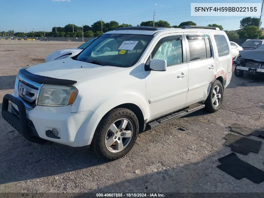 2011 Honda Pilot Ex-L VIN: 5FNYF4H59BB022155 Lot: 40607855