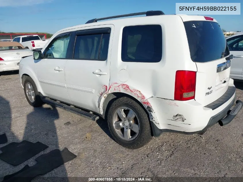 2011 Honda Pilot Ex-L VIN: 5FNYF4H59BB022155 Lot: 40607855