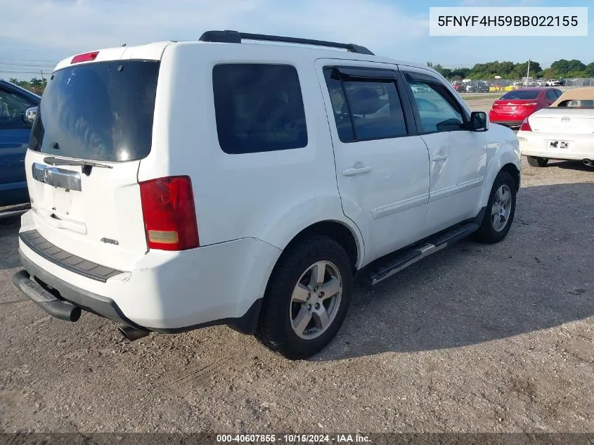 2011 Honda Pilot Ex-L VIN: 5FNYF4H59BB022155 Lot: 40607855