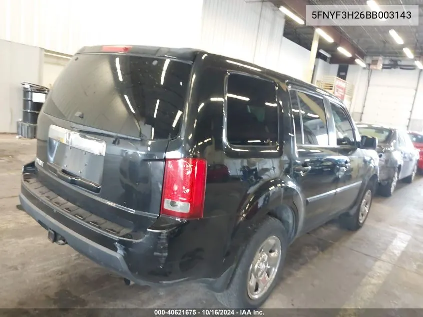 2011 Honda Pilot Lx VIN: 5FNYF3H26BB003143 Lot: 40621675