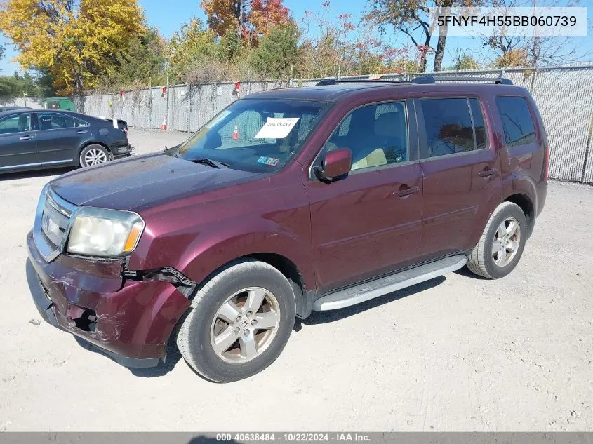 2011 Honda Pilot Ex-L VIN: 5FNYF4H55BB060739 Lot: 40638484