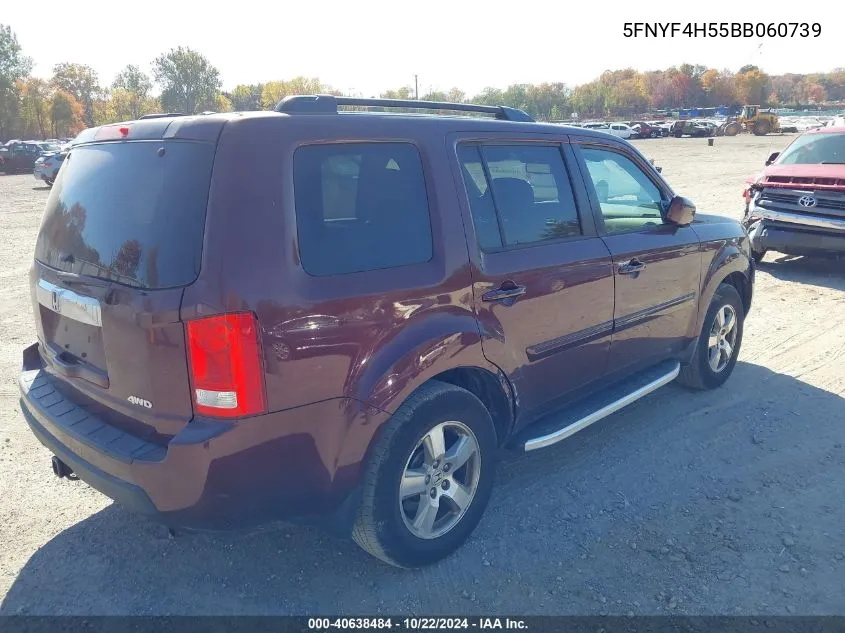 2011 Honda Pilot Ex-L VIN: 5FNYF4H55BB060739 Lot: 40638484